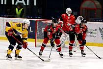 Znojemští hokejisté (v červeném) jsou opět na koni. Druhým tým tabulky východní skupiny druhé ligy, Kopřivnici, v sobotu porazili 10:0.