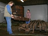 Pracovníci znojemské octárny rozebírají historické dubové sudy.