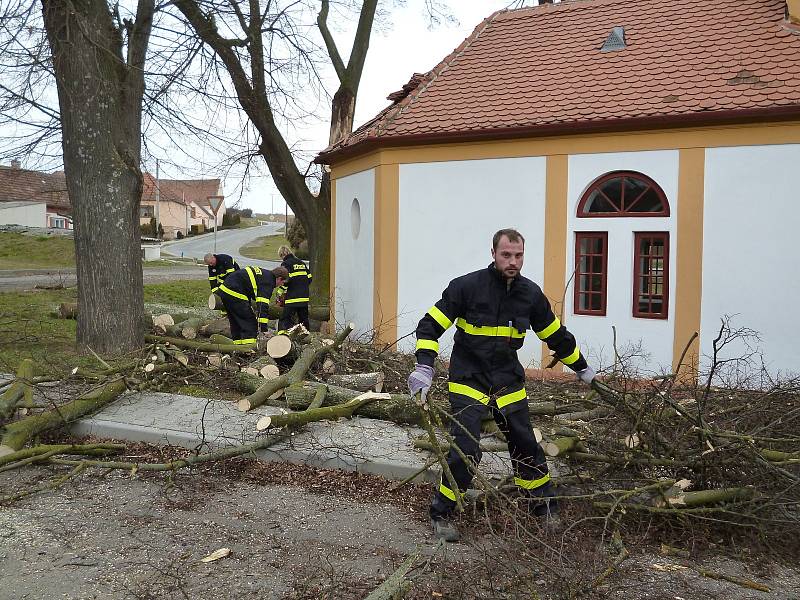 Ve Vevčicích u Jevišovic odstraňovali hasiči strom spadený na kapličku.