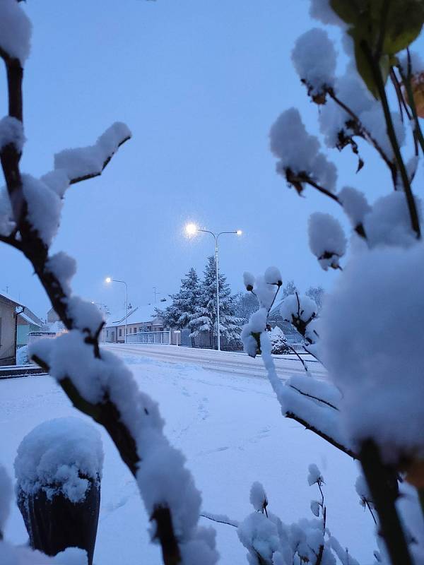Ze sněhové nadílky v Rybníkách na Krumlovsku 9. prosince.