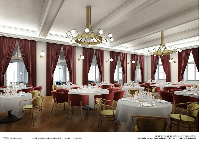 Vizualizace hlavního restauračního sálu v jihozápadním pavilonu Domečku, který bude v době velkých plesů sloužit jako jedno z vícero přísálí.