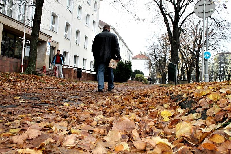 V Pražské a Rumunské ulici ve Znojmě zmizel chodník zcela pod listím.
