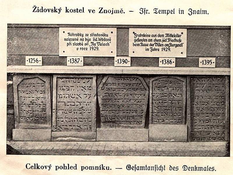 Nejstarší náhrobky nalezené ve Znojmě. Fotografie pochází z roku 1932, kdy byly umístněny ve znojemské synagoze.