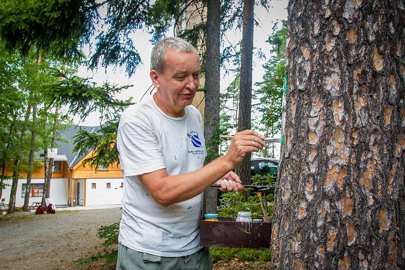 Jaromír Růžička, člen klubu českých turistů, provádí značení turistické trasy ve Sloupu v Čechách na Českolipsku. Snímek je z 5. července.