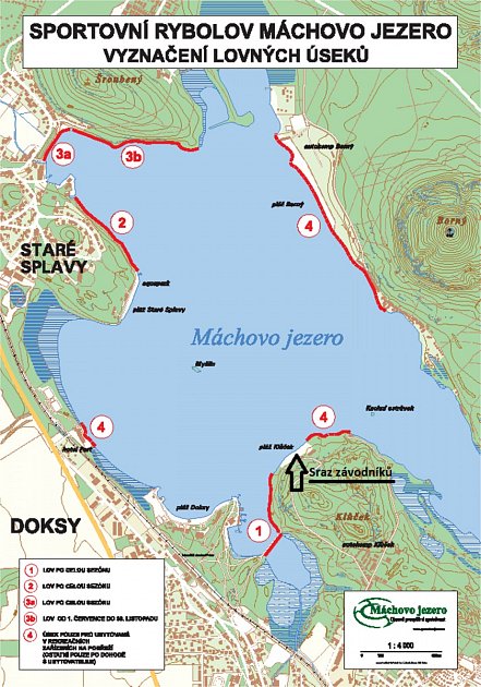 Mapa lovných úseků na Máchově jezeře.