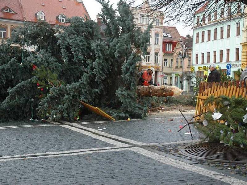 Na českolipském náměstí spadl velký vánoční strom