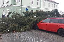 Na Masarykově náměstí v Dubé se vlivem silného větru zřítil vánoční strom. Nikomu se nic nestalo.