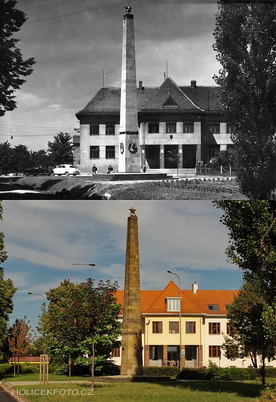 Okresní soud a pomník vojákům Rudé armády 1959 a 6. 7. 2011.