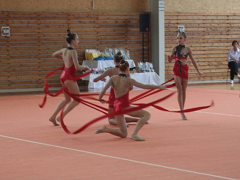 Vyškovské zástupkyně kategorie J (na snímku) zacvičily společnou skladbu se stuhami. Odvedenému výkonu přisoudily rozhodčí body, které moderním gymnastkám vynesly druhé místo mezi ostatními soupeřkami. 