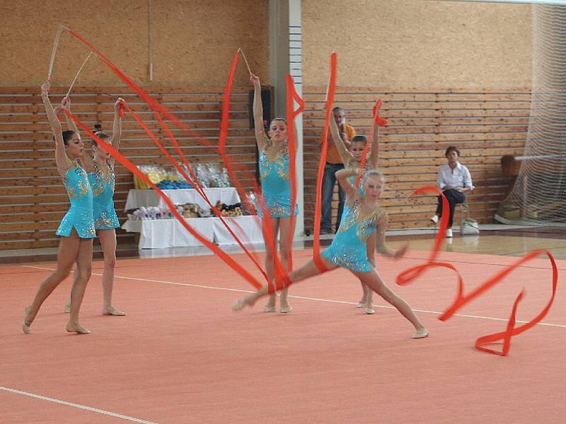 Vyškovské zástupkyně kategorie J (na snímku) zacvičily společnou skladbu se stuhami. Odvedenému výkonu přisoudily rozhodčí body, které moderním gymnastkám vynesly druhé místo mezi ostatními soupeřkami. 