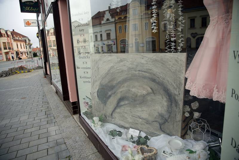 Karolína Zelená je nekonvenční vyškovská malířka. V době uzavřených galerií vystavila svá díla v několika výkladních skříních na vyškovském Masarykově náměstí. Podobně vystavují také autoři ve Slavkově u Brna.