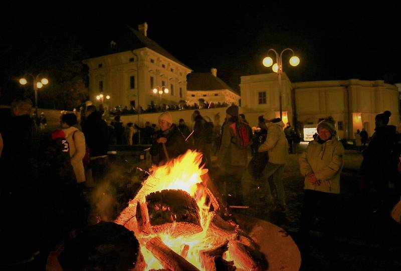 Celodenní program ve Slavkově u Brna završilo večerní defilé vojáků a světelná show na průčelí zámku
