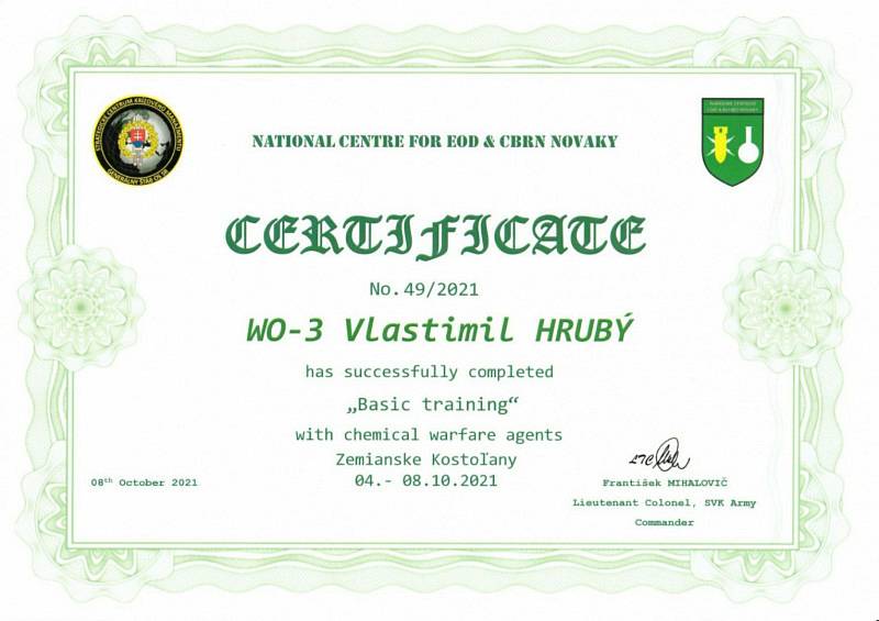 Certifikát o úspěšném završení cvičení.