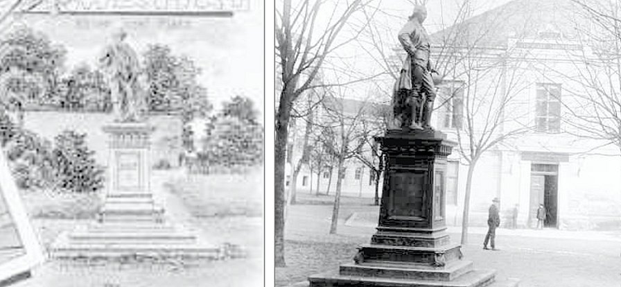 Pomník císaře Josefa II. Na dobové pohlednici a vzácném historickém snímku.
