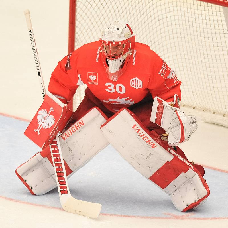 Odvetné utkání osmifinále play off hokejové Ligy mistrů: HC Oceláři Třinec vs. Malmö (Malmo), 7. listopadu v Třinci. Hrubec Šimon.