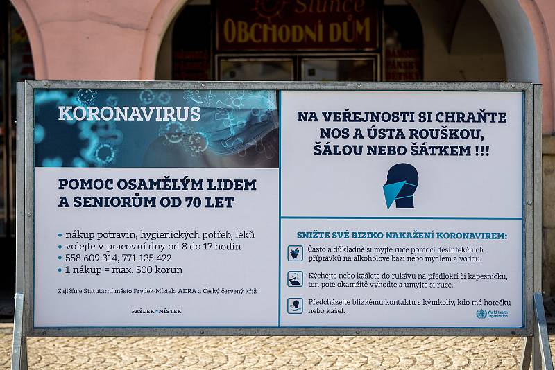 Frýdek-Místek v celostátní karanténě, 24. března 2020. Vláda ČR vyhlásila dne 15.3.2020 celostátní karanténu kvůli zamezení šíření novému koronavirové onemocnění (COVID-19).