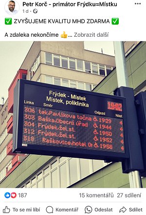 Posty primátora Korče na facebooku k instalaci světelných panelů na zastávkách ve Frýdku-Místku, 24. dubna 2024.