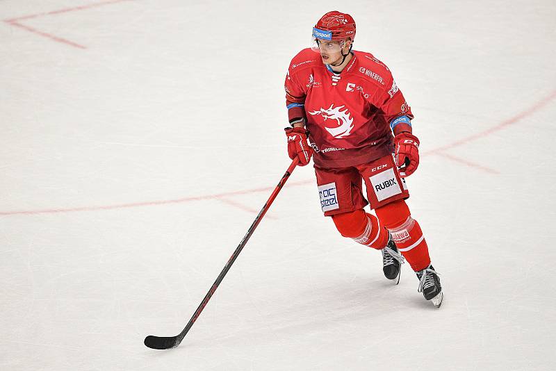 Utkání 23. kola hokejové extraligy: HC Oceláři Třinec - HC Vítkovice Ridera, 7. října 2021 v Třinci. Andrej Nestrašil z Třince.