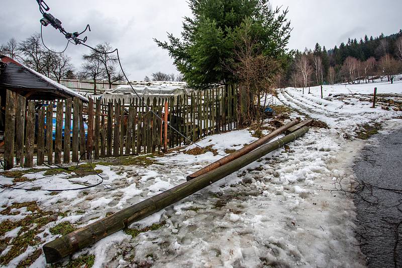 Silný vítr zlomil strom, který spadl na střechu rodinného domu, 10. února 2020 v Morávce.