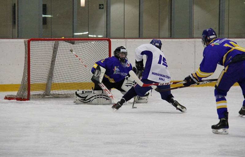 Turnaj v ledním hokeji Škoda Hockey Cup. Utkání Moravskoslezského kraje (bílé dresy) s Olomouckým krajem. 