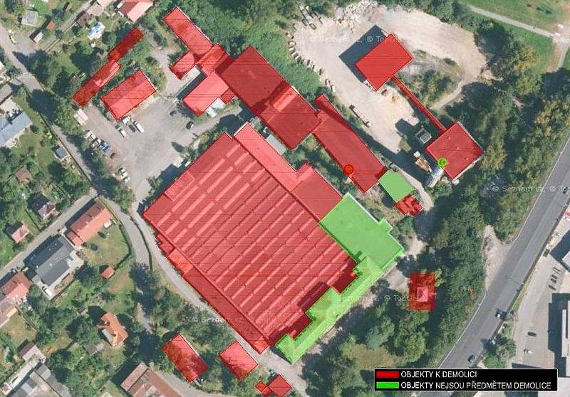 Rozsah demolice někdejší Lembergerovy tkalcovny, zůstane jen zeleně vyznačené, zdroj Slezan Holding, 3.8.2022