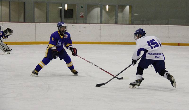 Turnaj v ledním hokeji Škoda Hockey Cup. Utkání Moravskoslezského kraje (bílé dresy) s Olomouckým krajem. 