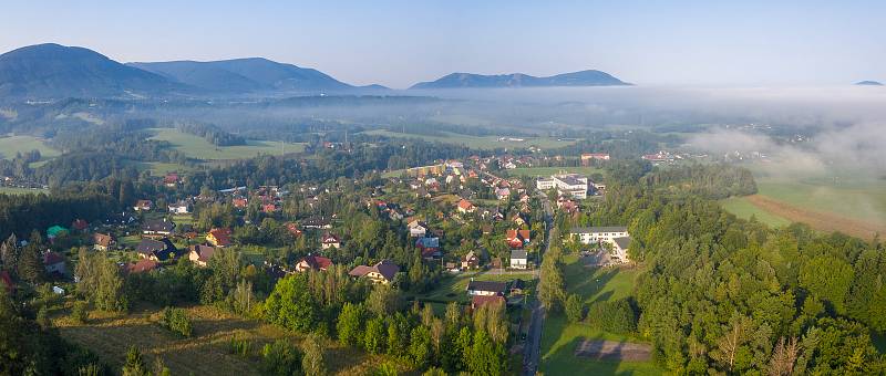 Letecký pohled na Kunčice pod Ondřejníkem. Archiv obce Kunčice pod Ondřejníkem