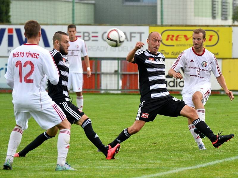 Druholigové fotbalisté Třince (v bílém) letošní vstup do FNL nezvládli, když na domácím trávníku prohráli s Českými Budějovicemi 0:2. 