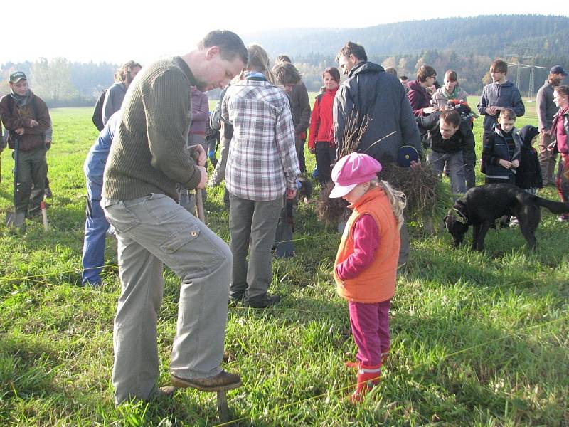 První jabloně, duby a buky vysadili v sobotu dopoledne obyvatelé Jablunkova a další dobrovolníci společně s Hnutím DUHA na rozlehlé louce v lokalitě Městská Lomná.