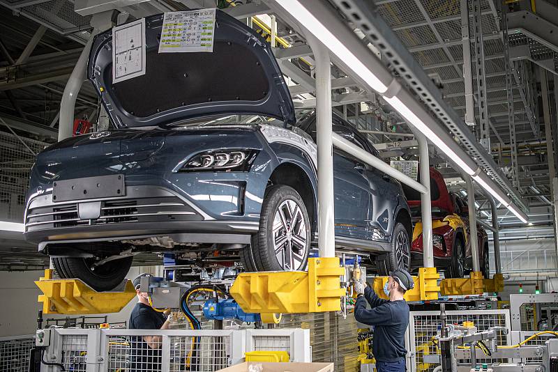 Automobilka Hyundai oslaví první výročí zahájení sériové výroby modelu Hyundai Kona Electric, 15. března 2021 v Nošovicích.