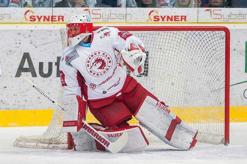 Utkání 45. kola Tipsport extraligy ledního hokeje se odehrálo 30. ledna v liberecké Home Credit areně. Utkaly se celky Bílí Tygři Liberec a HC Oceláři Třinec. Na snímku je brankář Šimon Hrubec.