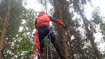 Hasiči šplhali pro paraglidistu do desetimetrové výšky.