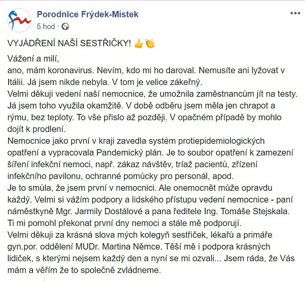 Dopis sestřičky z Frýdku-Místku.