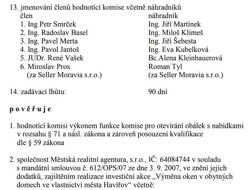 Usnesení Rady města Havířova k zakázce na výměnu oken z roku 2012.