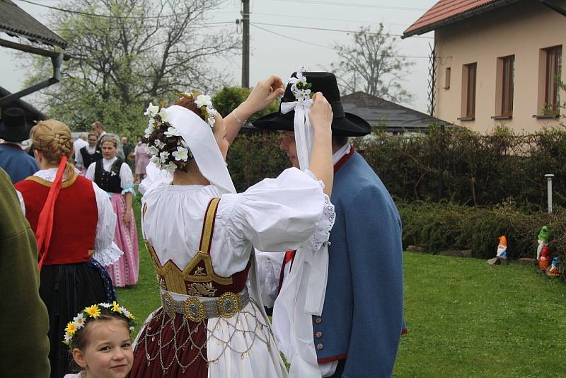 Pravá slezská svatba proběhla v sobotu dopoledne v Koňákově v Českém Těšíně. Novomanželé, stejně stejně jako většina hostů, přišli v lidových krojích. K obřadu hrála cimbálová muzika.