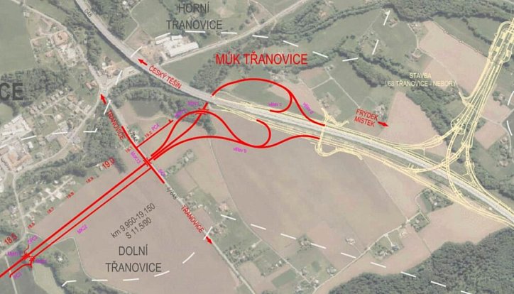 Mapa míst, kudy by měl v budoucnu měl vést silniční obchvat Havířova a silnice přes Těrlicko na dálnici k Třanovicím.
