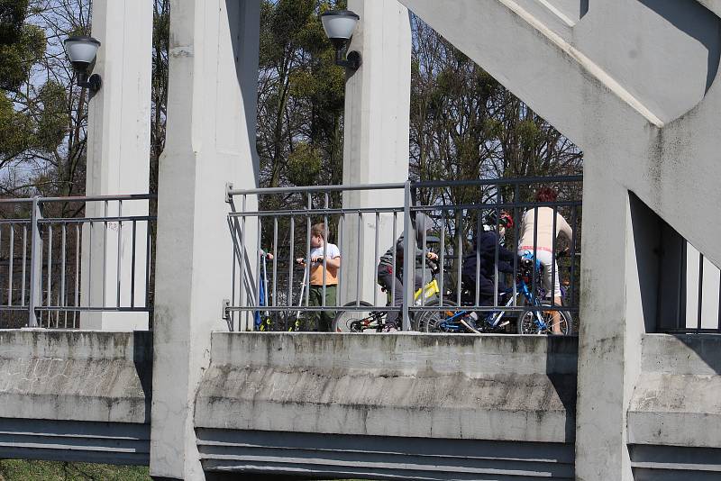 Slunečné a teplé počasí vylákalo lidi na cyklovýlety. Cyklostezka podél Olše a Darkovský most v Karviné byly v obležení cyklistů.