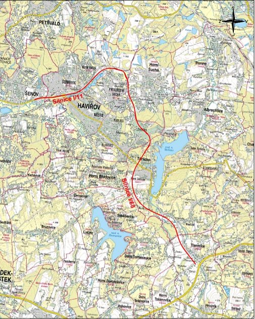 Trasa plánovaného silničního obchvatu Havířova, jehož stavbu schválilo ministerstvo dopravy.