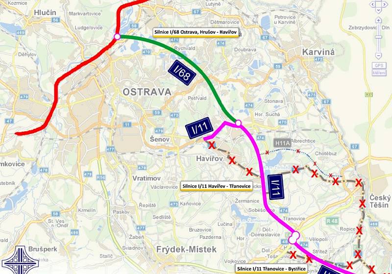 Návrh trasy prodloužené Dlouhé třídy a obchvatu města Havířova.