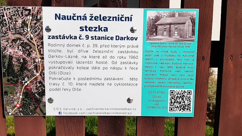 Po stopách zaniklé železnice se můžete vydat v Karviné od historické nádražní budovy ve Fryštátě přes Ráj a Darkov až řece Olši. Na celkem deseti zastaveních jsou informační tabulky.