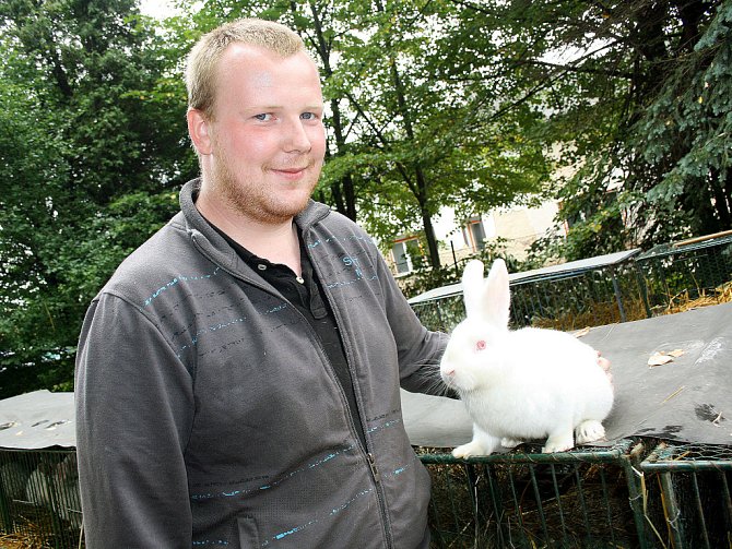 Pavel Sikora z dolnolutyňské organizace svazu chovatelů s jedním ze svým saténových králíků. 