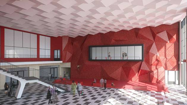 Vizualizace možné podoby interiéru nádražní haly železniční stanice v Havířově.