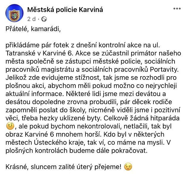 Příspěvek z FB Městské policie Karviná. V pondělí byl stažen. Scan z facebooku MP Karviná