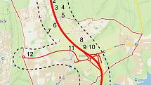 Trasa plánovaného obchvatu Havířova a silnice přes Těrlicko na dálnici k Třanovicím. Čísly jsou vyznačené pomníčky obětem životické tragédie. Foto se svolením spolku Životice sobě 