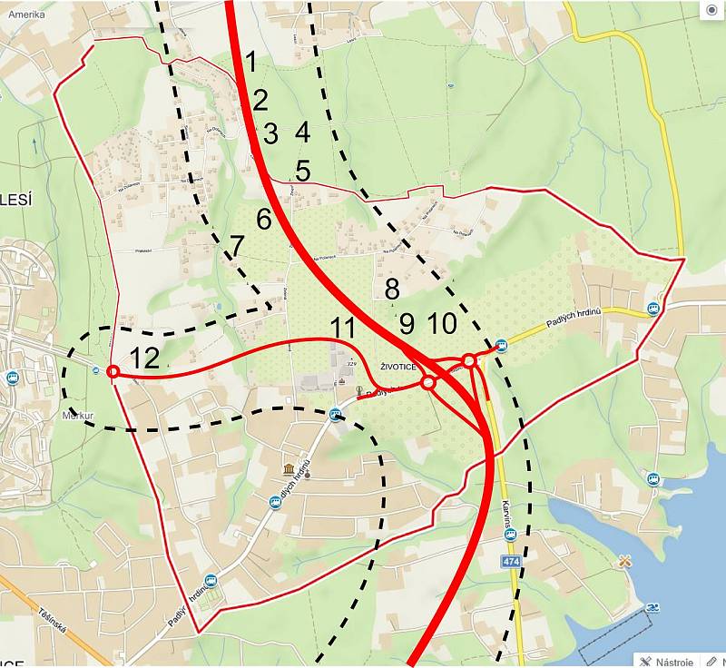 Trasa plánovaného obchvatu Havířova a silnice přes Těrlicko na dálnici k Třanovicím. Čísly jsou vyznačené pomníčky obětem životické tragédie. Foto se svolením spolku Životice sobě 