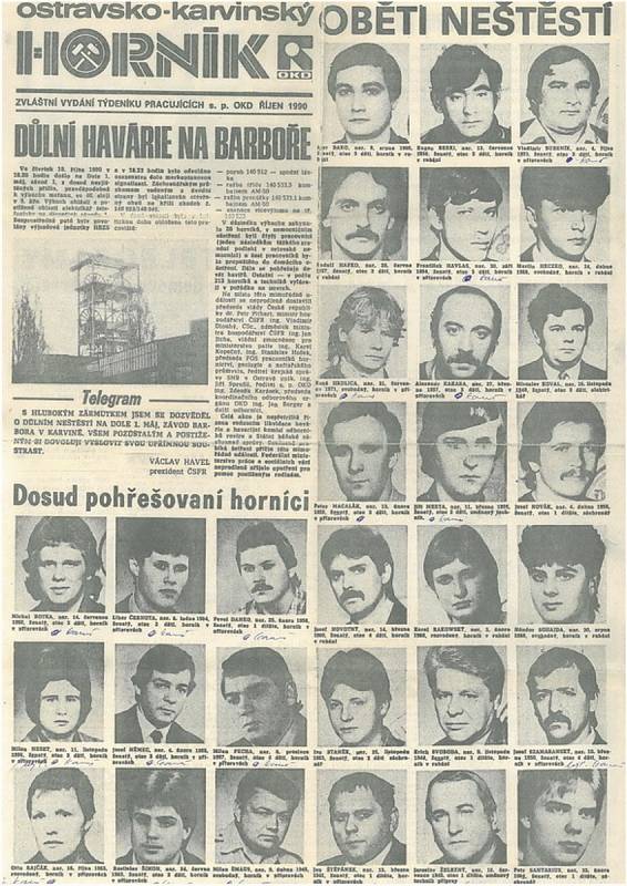 První strana závodních novin Horník s fotkami a jmény obětí neštěstí v říjnu 1990.