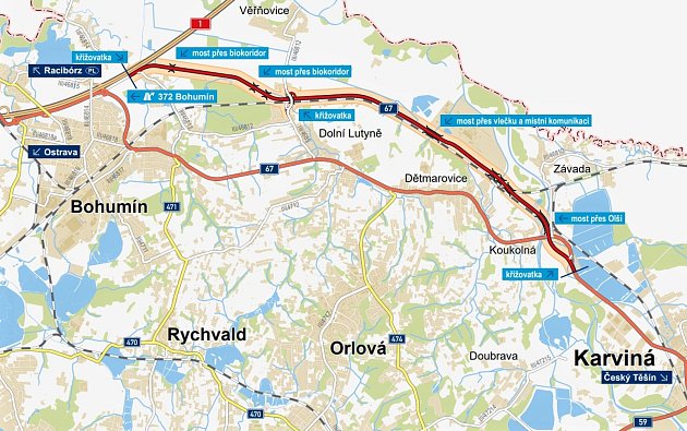 Mapka trasy nové silnice I/67, která má sloužit jako obchvat Dětmarovic a Dolní Lutyně.
