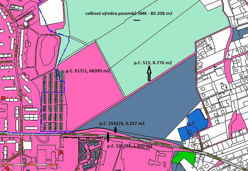 Karviná-Mizerov. Na mapce je znázorněn pozemek, který patří městu a kde by měly vyrůst nová zástavba. pozemek č. 517/1.