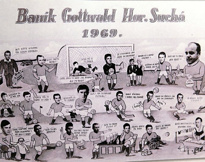 Humorně pojatá společná fotografie fotbalového mužstva TJ Baník z roku 1969.