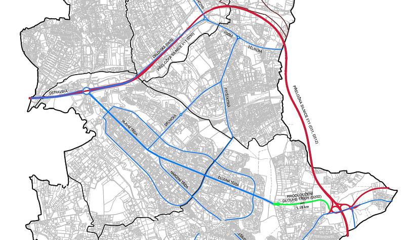 Návrh trasy prodloužené Dlouhé třídy a obchvatu města Havířova.